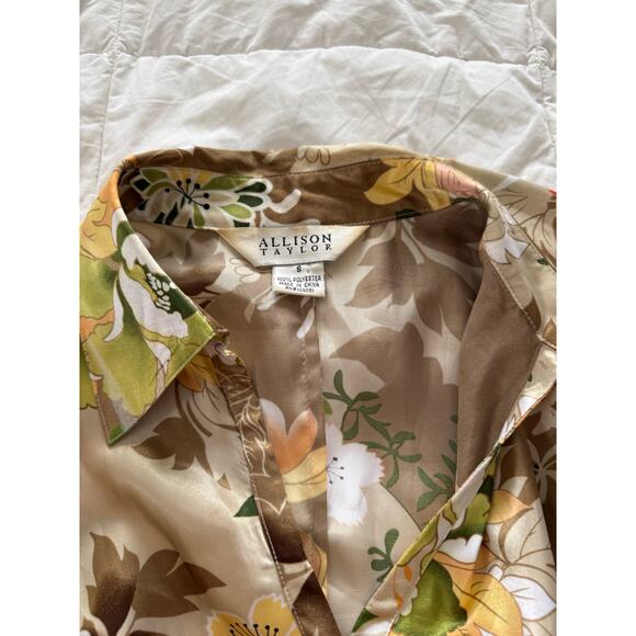Allison Taylor Vintage Y2K Delicate Timeless Brown Green Floral Satin Blouse - Picture 4 of 4